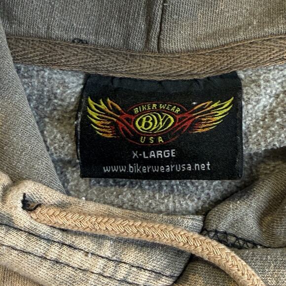 Biker Wear USA Mens Acid Wash Hoodie Size XL Tan Motorcycle Layering Outdoors - Picture 3 of 5